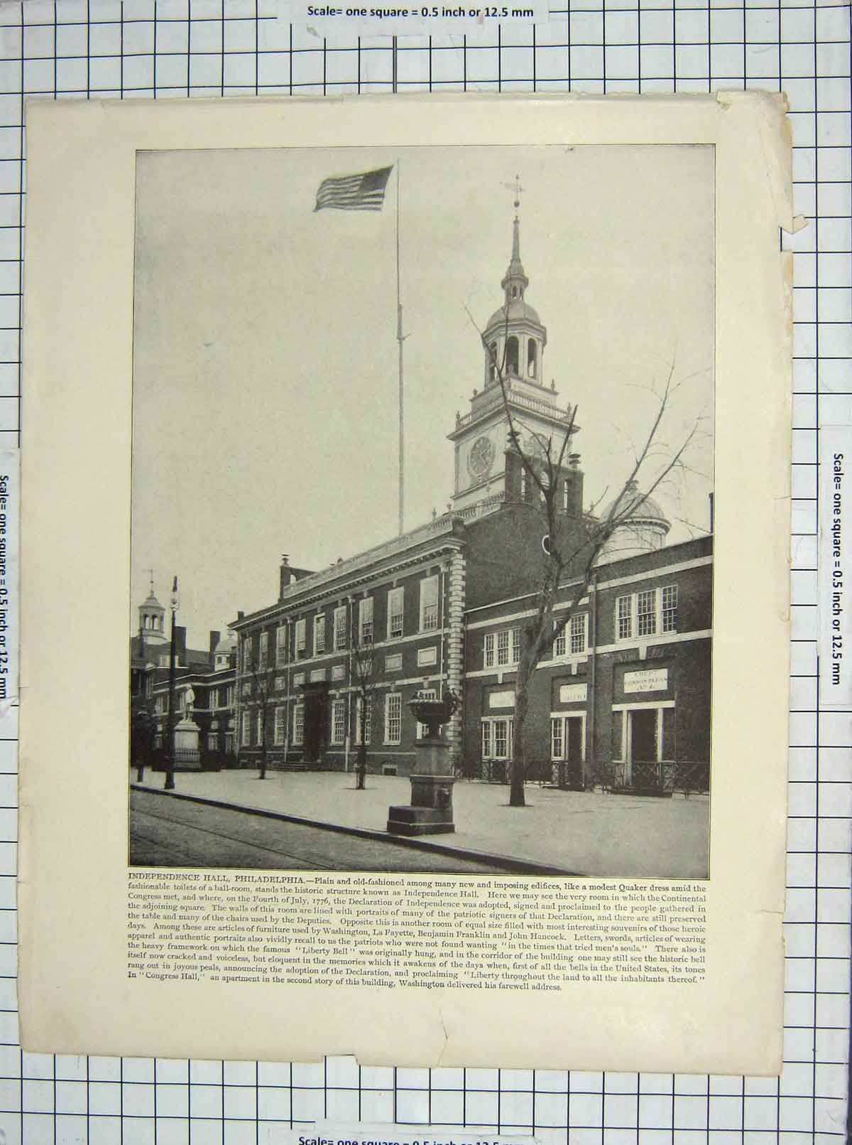 Original Old Antique Print Independence Hall Philadelphia City Gate Florida