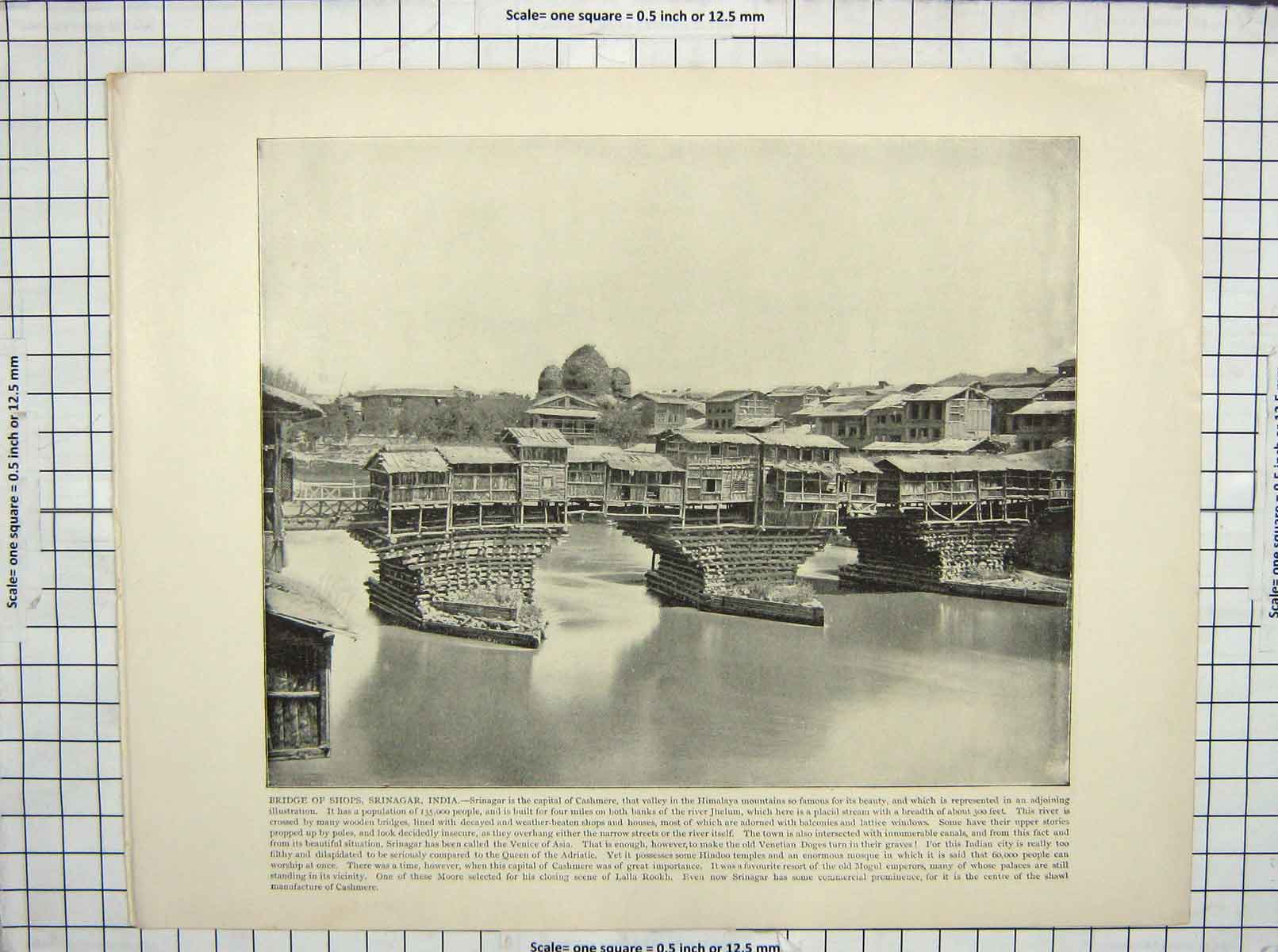 Original Old Antique Print Bridge Shops Srinagar India Temple 500 Gods China