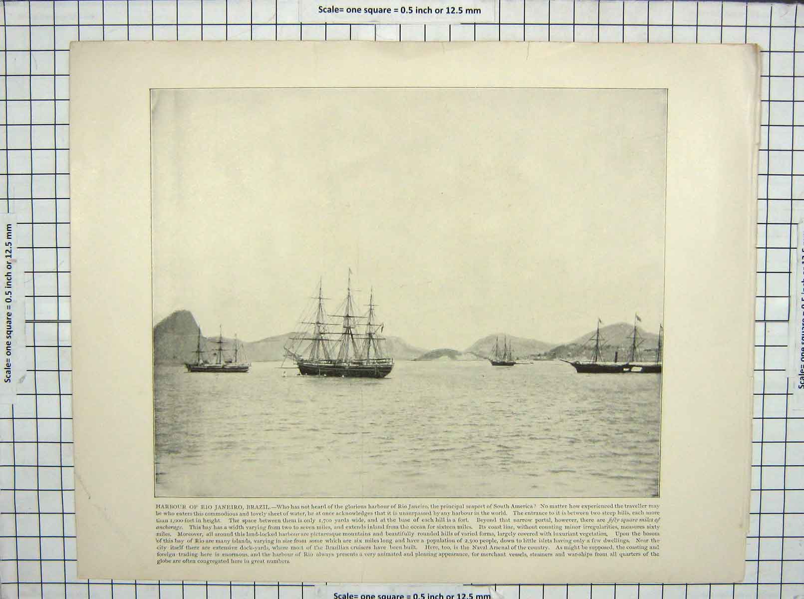 Original Old Antique Print Harbour Rio Janeiro Brazil Ships Temple Kioto Japan