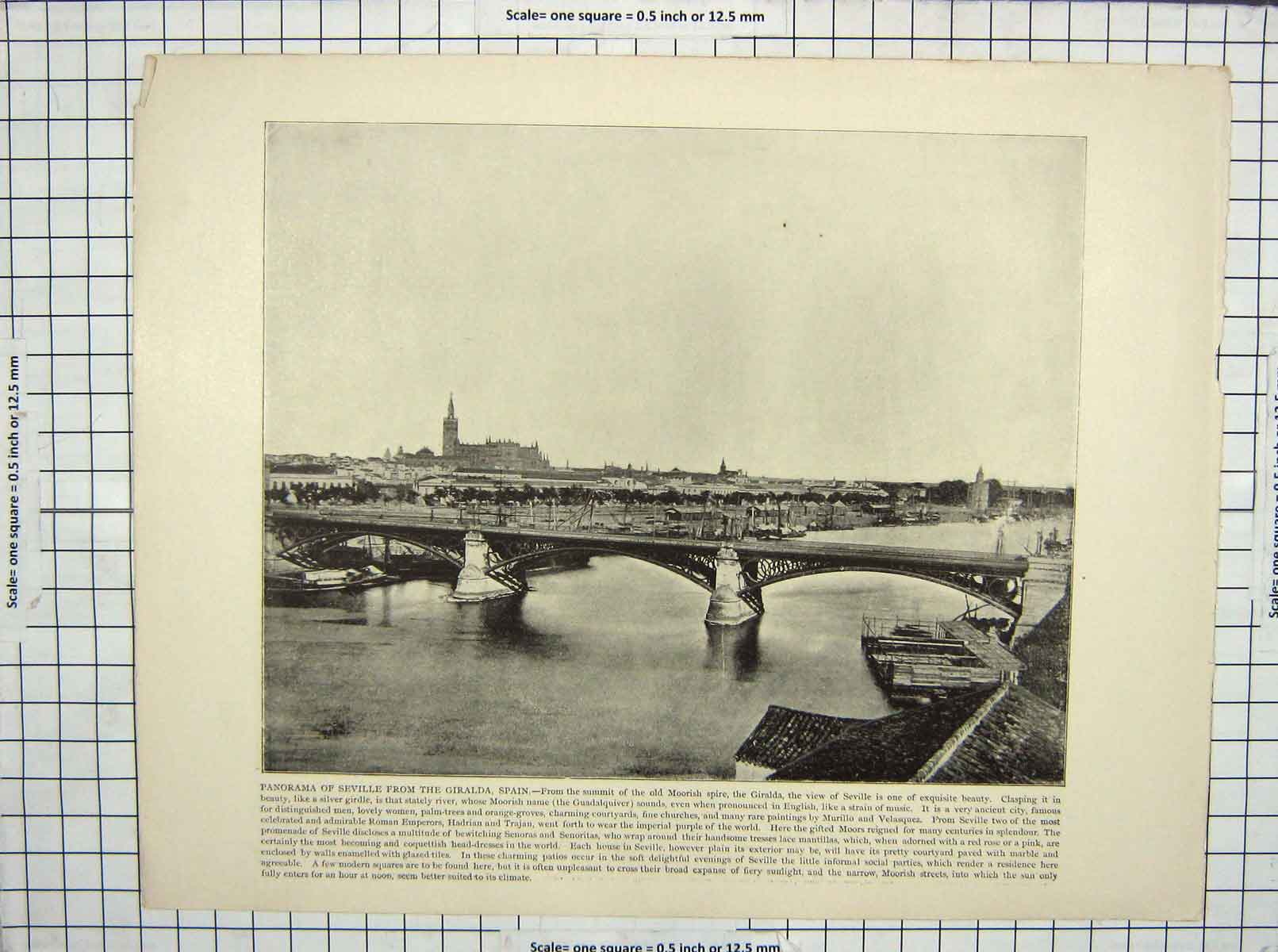 Original Old Antique Print Panorama Seville Giralda Spain Battle Rivoli France