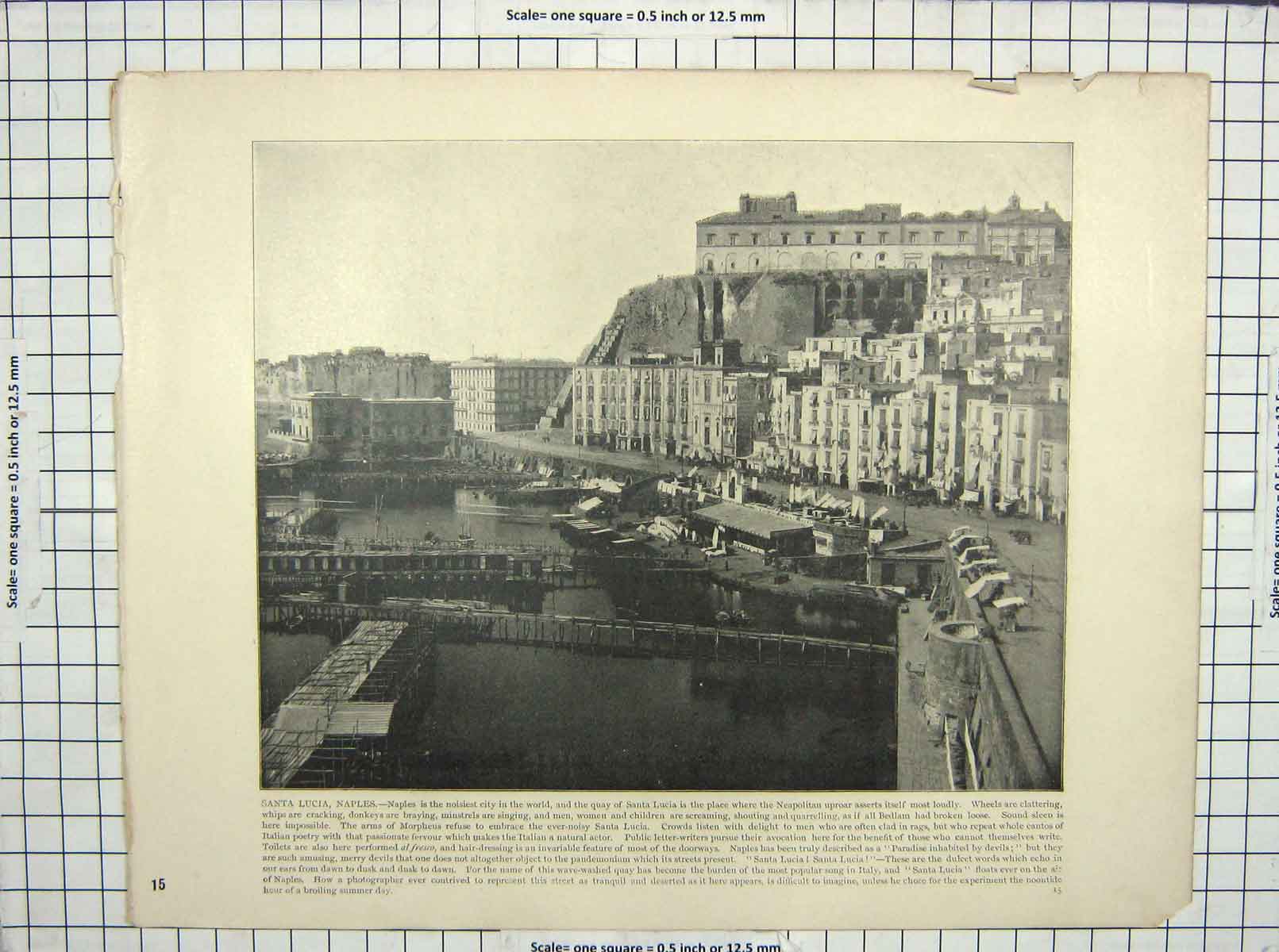 Antique Old Print Santa Lucia Naples Italy Petrowski Palace Moscow Russia