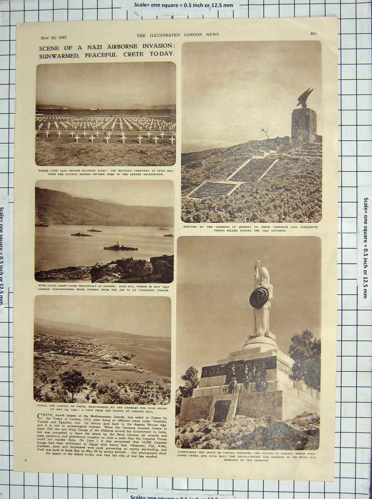 Old Vintage Print 1947 Cemetery Suda Statue Canea Electric Power Lochs 20th