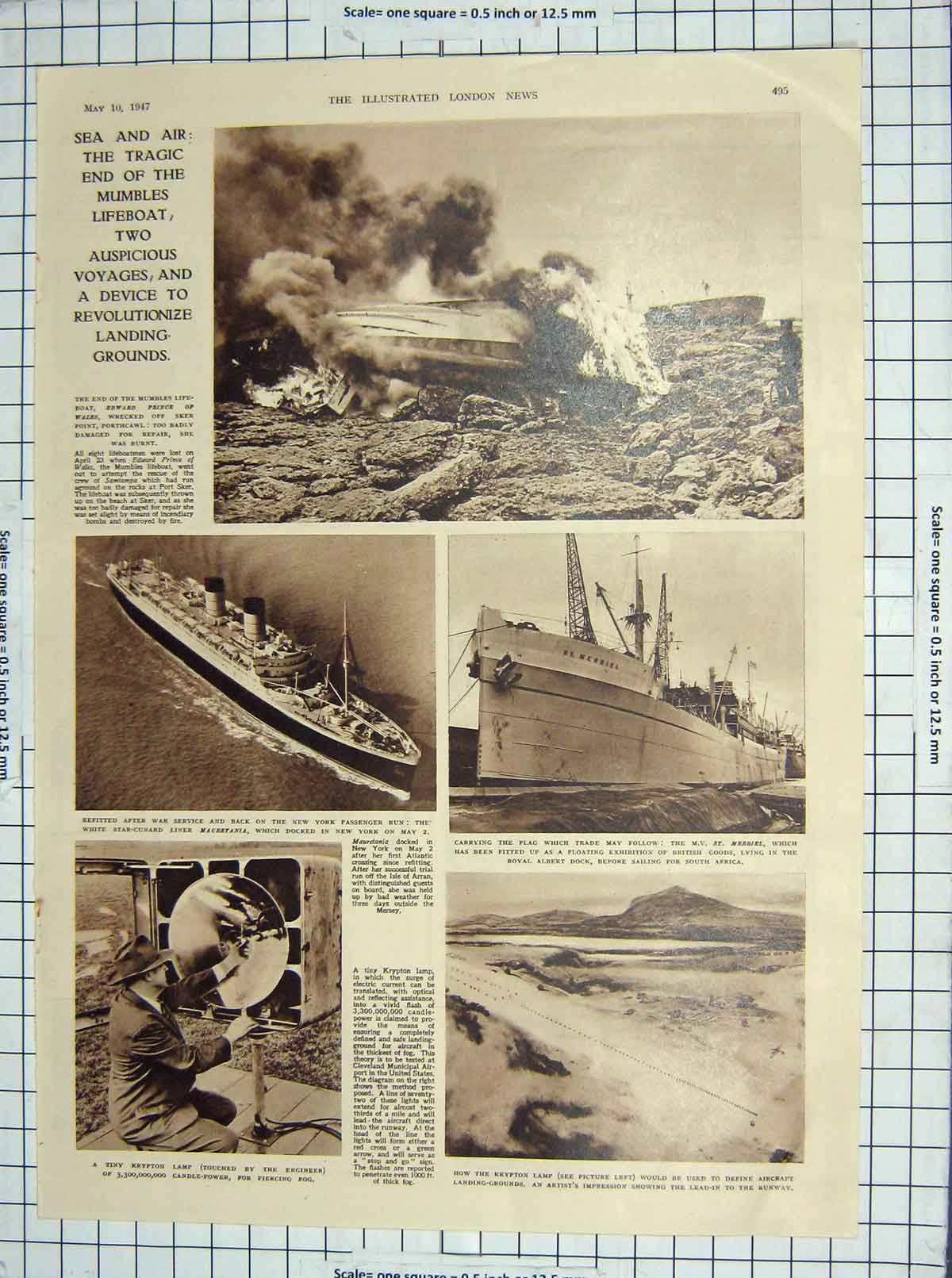 Original Old Vintage Print 1947 Ship Maurentania Krypton Lamp London Dockers