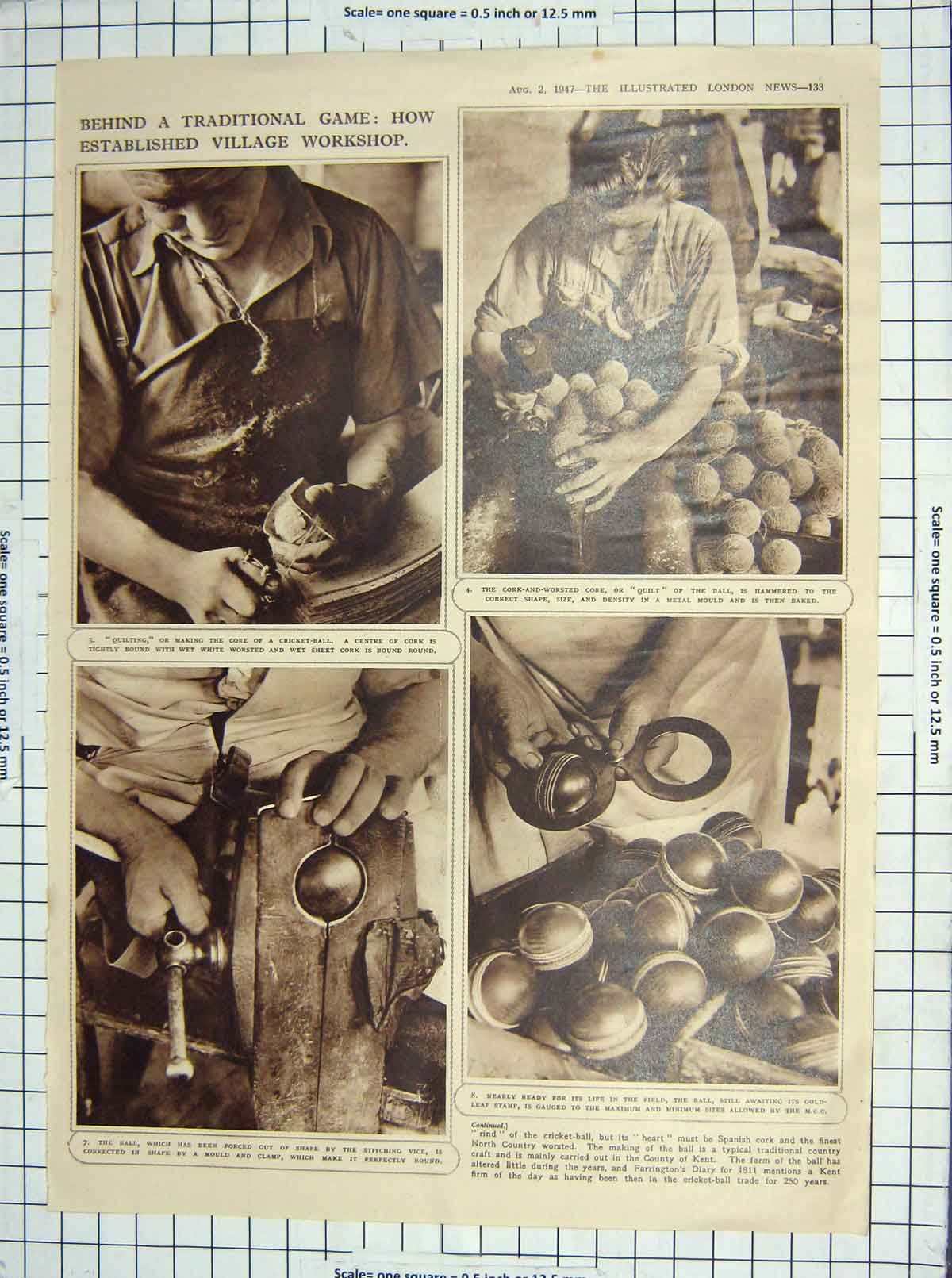 Original Old Vintage Print 1947 Cricket Ball Industry Science Heart-Urchin Sea