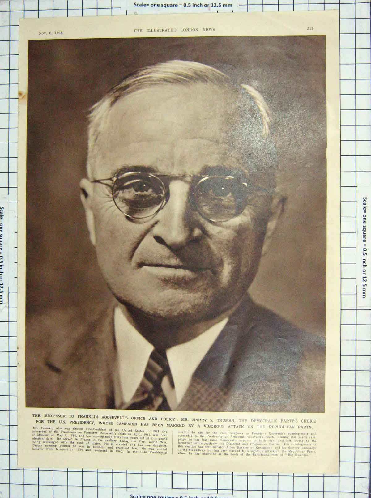 Old Vintage Print 1948 Portrait Harry Truman America President Sulgrave 20th