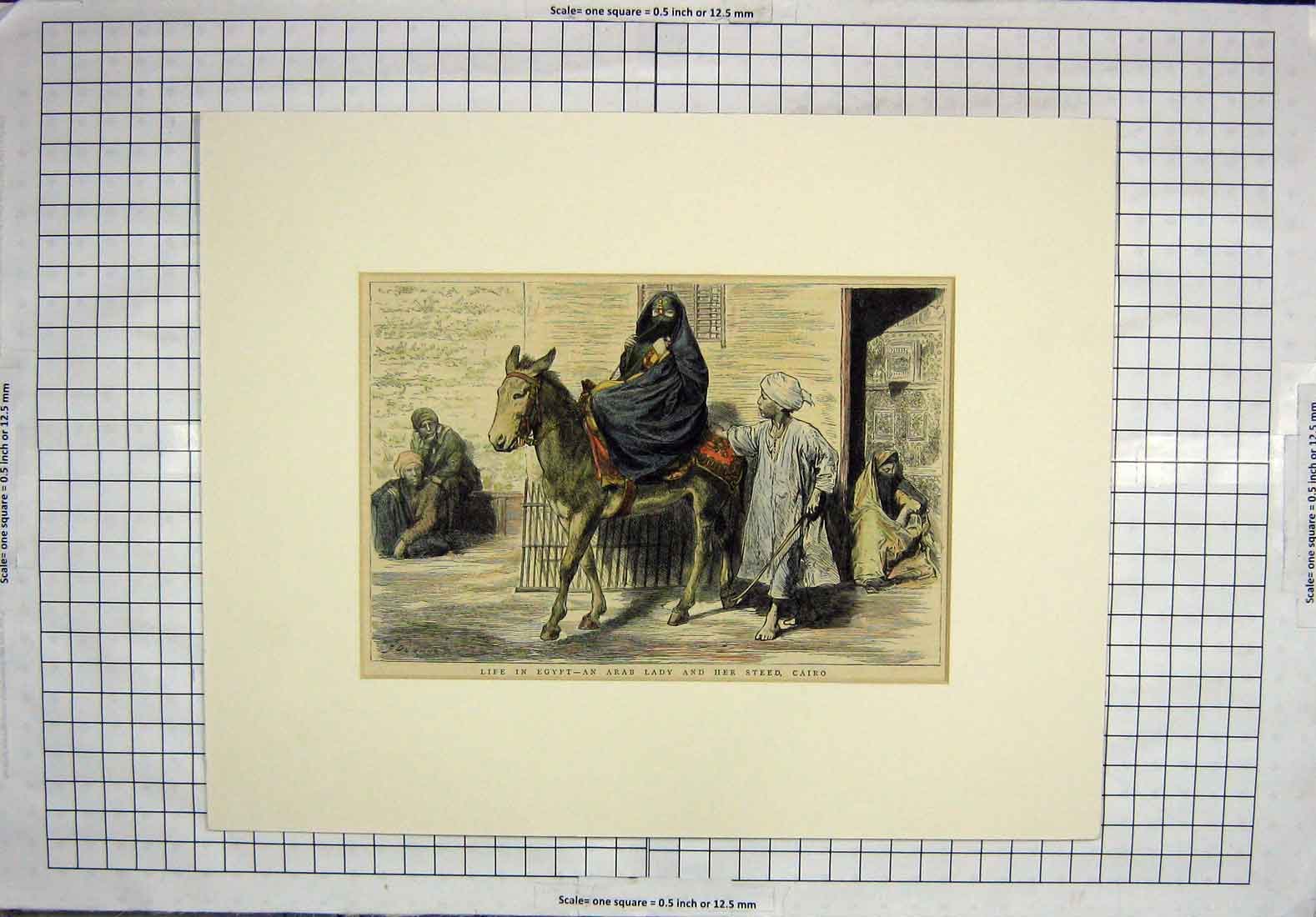 Original Old Antique Print Colour Life Egypt Arab Lady Horse Street Cairo