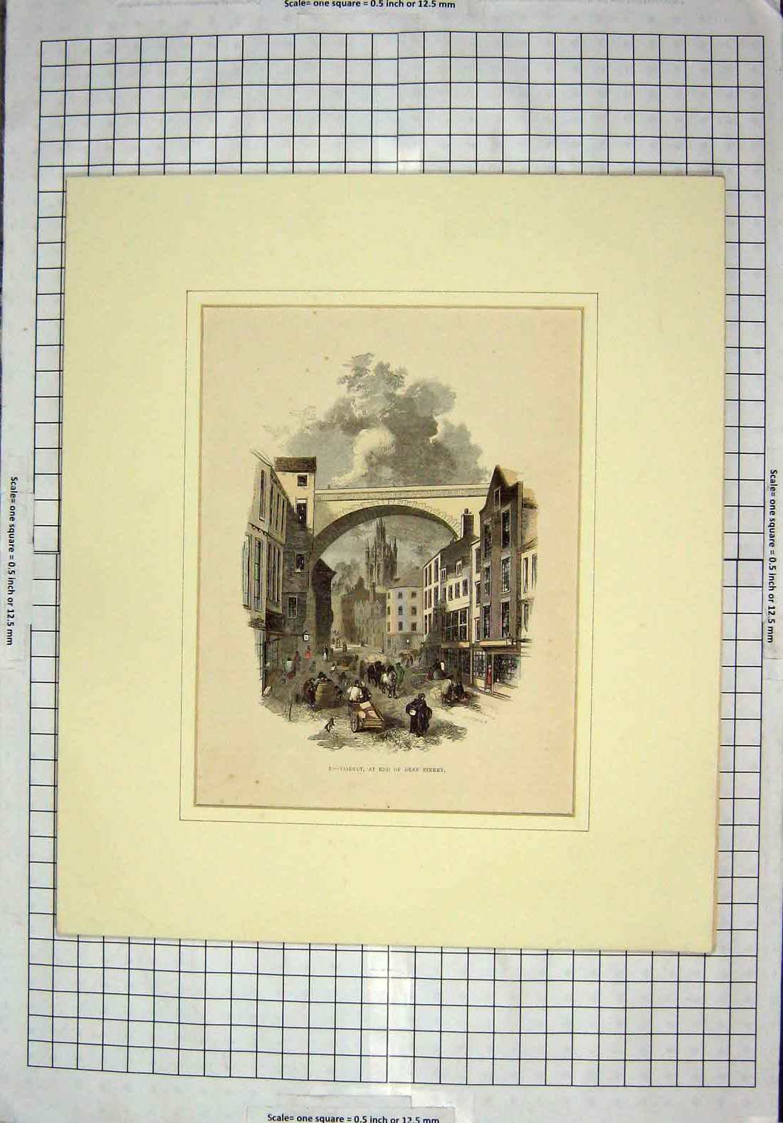 Original Old Antique Print Colour View Dean Street Viaduct Houses Horses