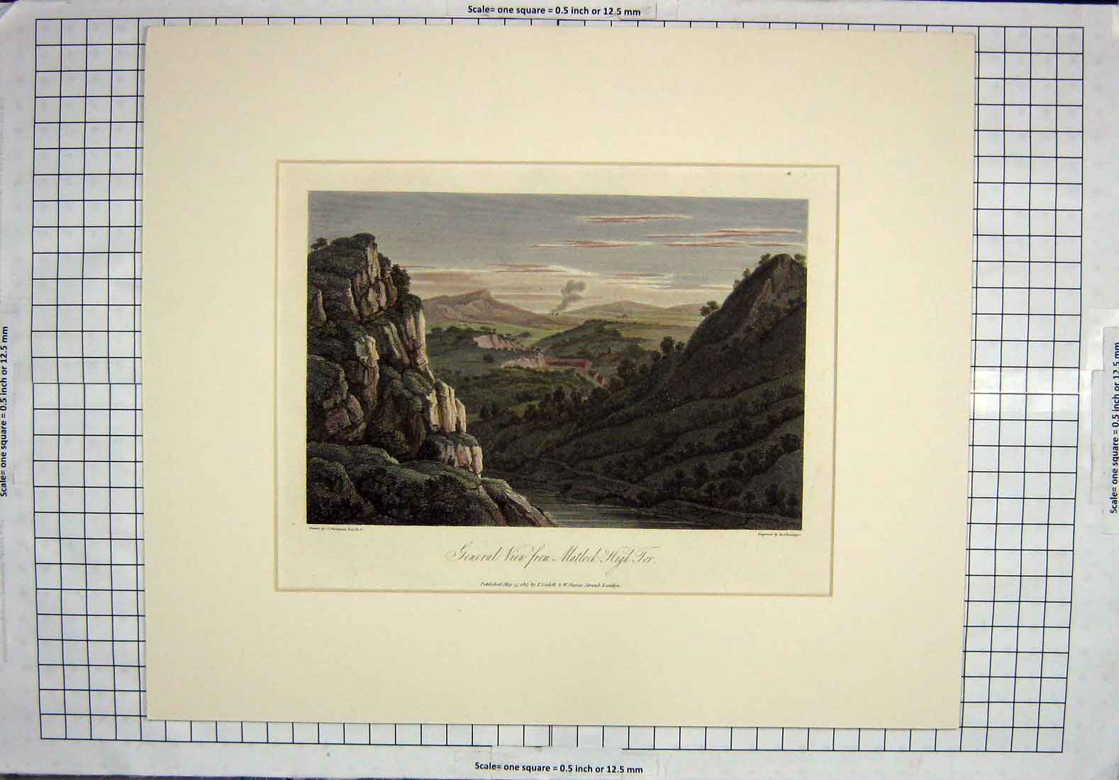 Original Old Antique Print 1817 General View Matlock High Tor Mountains Colour