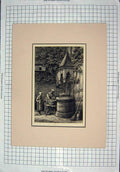 Original Old Antique Print Portrait Women Washing Clothes Water Well