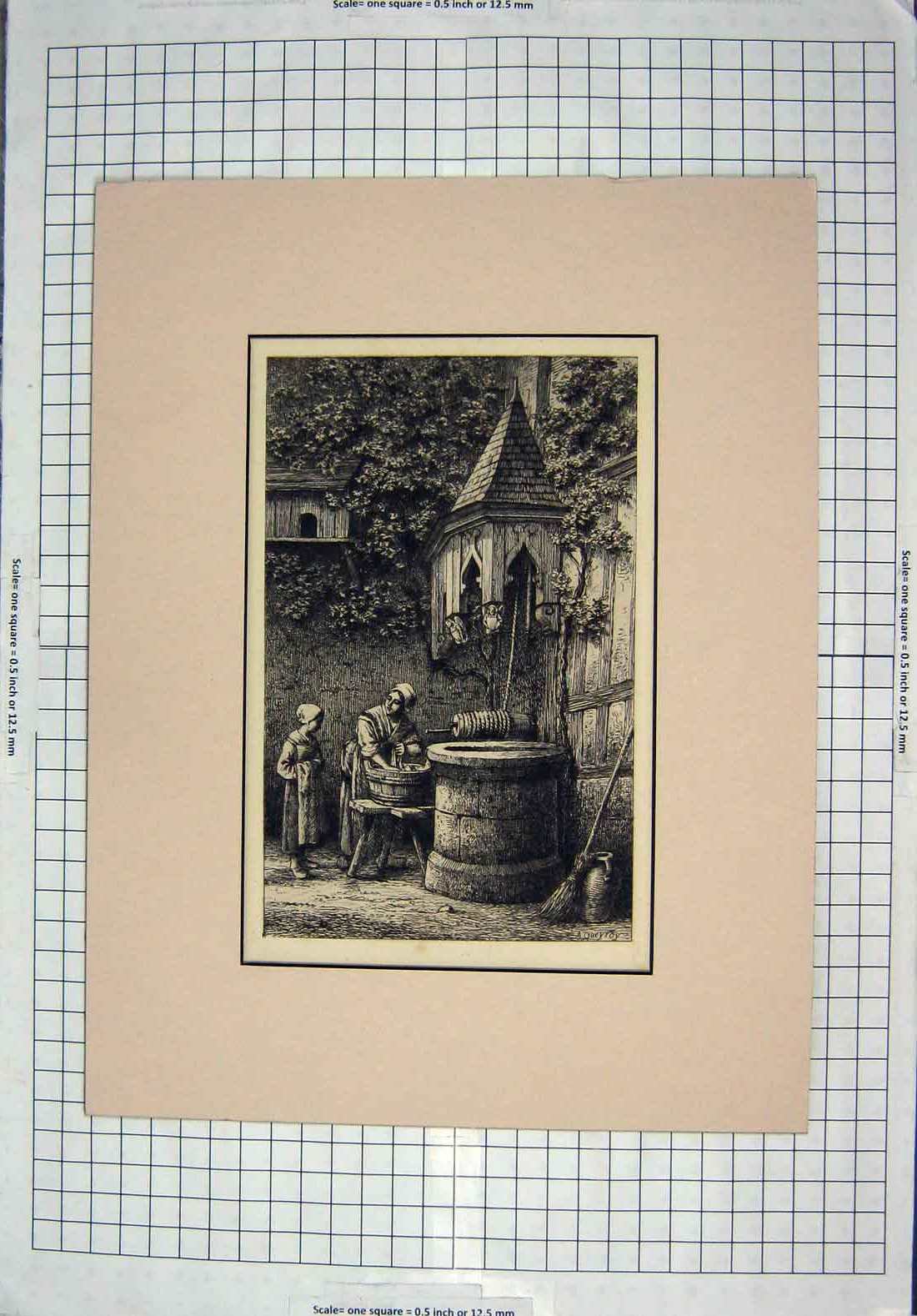 Original Old Antique Print Portrait Women Washing Clothes Water Well