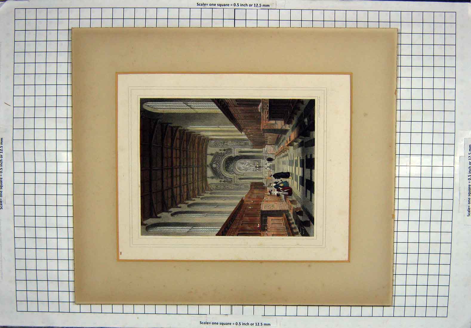 Original Old Antique Print Colour Interior Building Architecture Storer