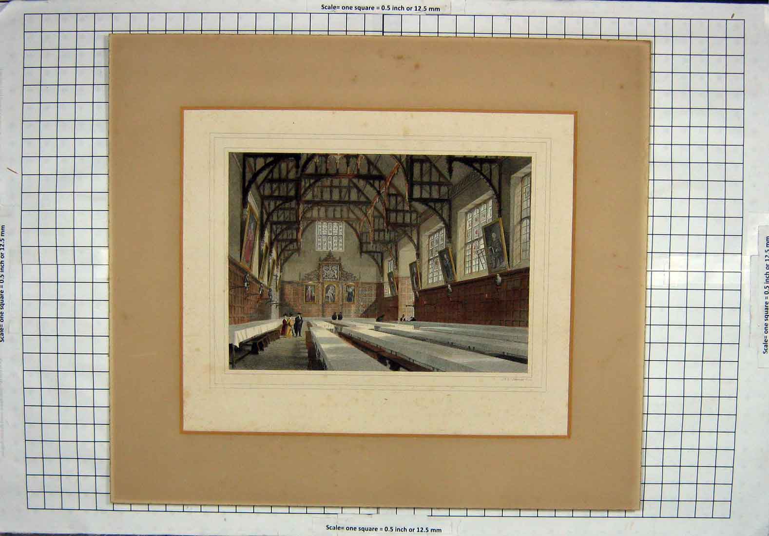 Original Old Antique Print Colour Dining Hall Architecture Storer