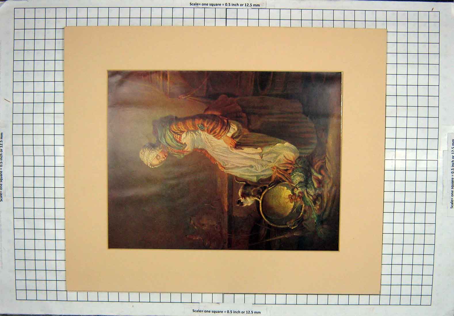 Original Old Antique Print Colour Lady Kitten Bucket Vegetables