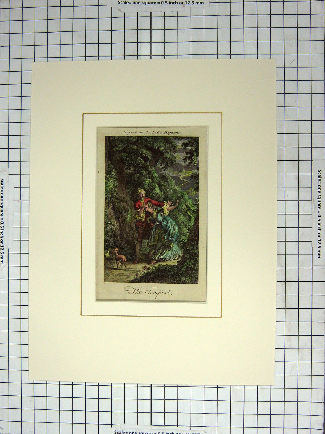 Old Antique Print Colour Engraving Scene Tempest Lady Man Romance Woods