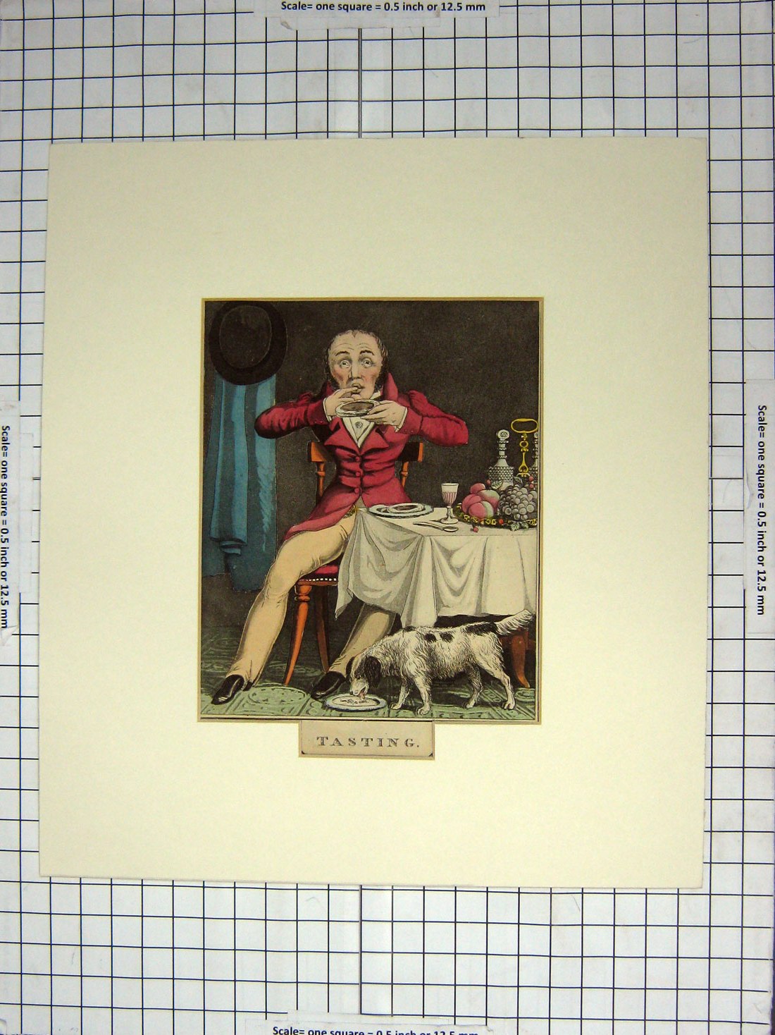 Original Old Antique Print C1810 Colour Man Eating Dinner Table Dog Food 19th