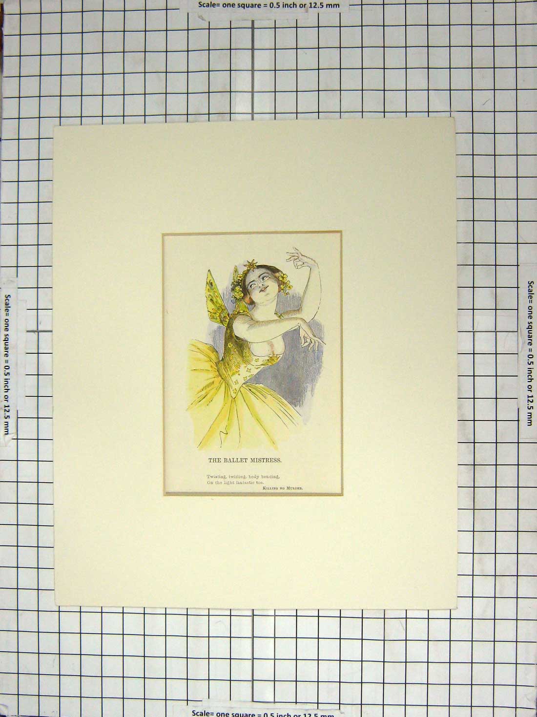 Original Old Antique Print Colour Ballet Girl Costume Wings
