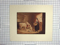 Original Old Antique Print Colour Farm Scene Farmers Wife Calf Barn Milk