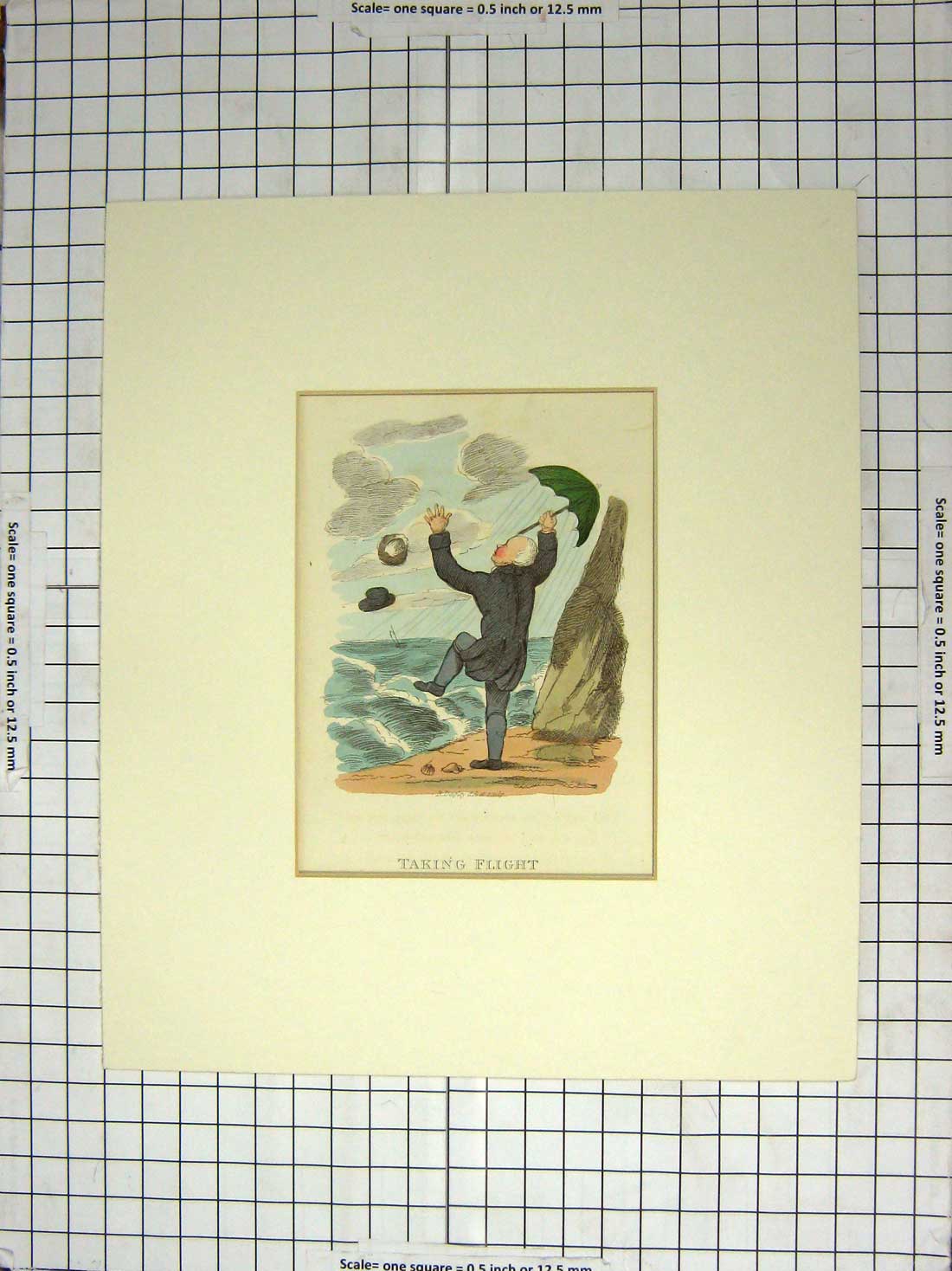 Original Old Antique Print 1815 Colour Man Windy Beach Scene Umbrella 19th