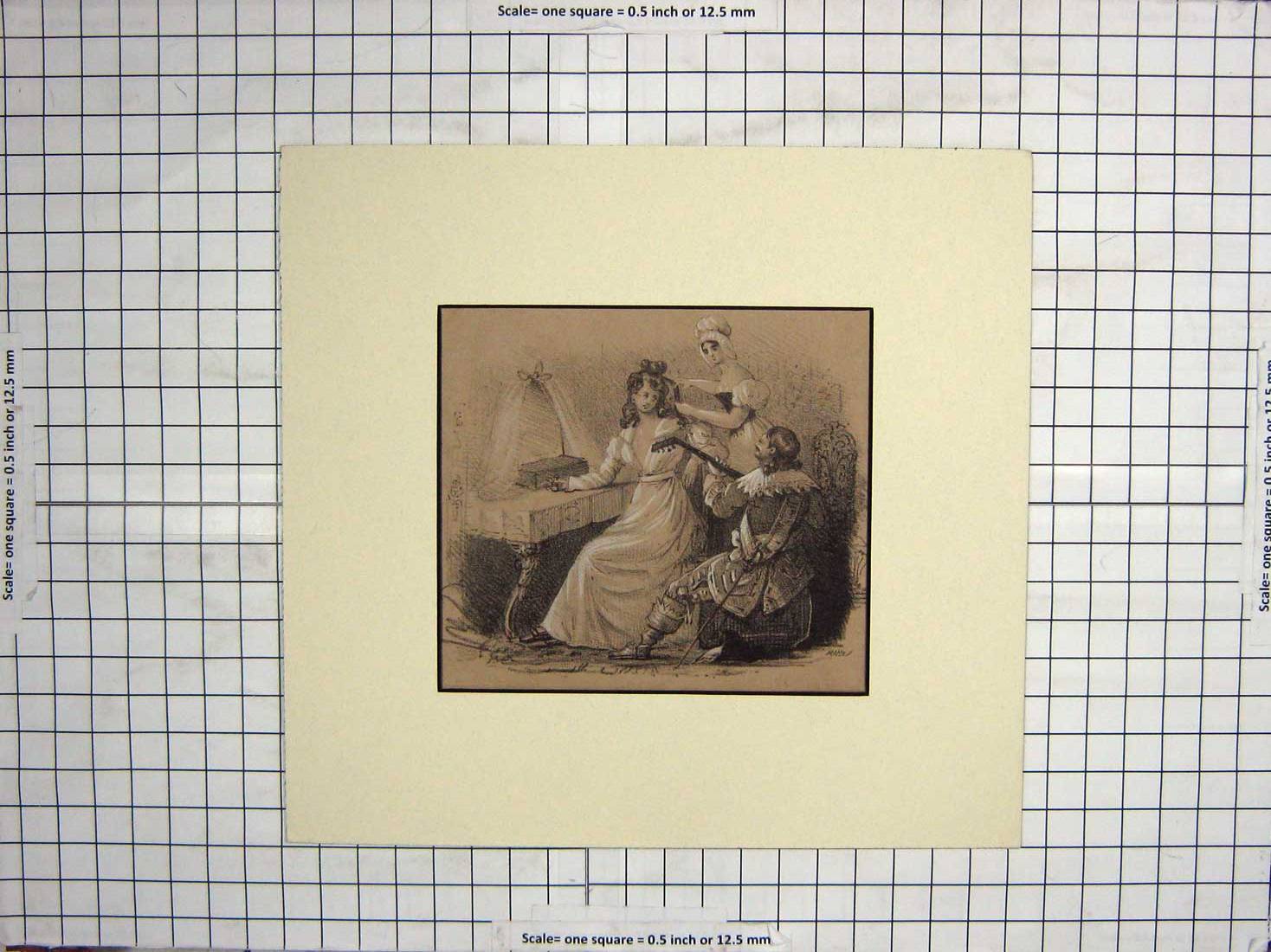 Original Old Antique Print Ladies Man Music Romance Dressing Table