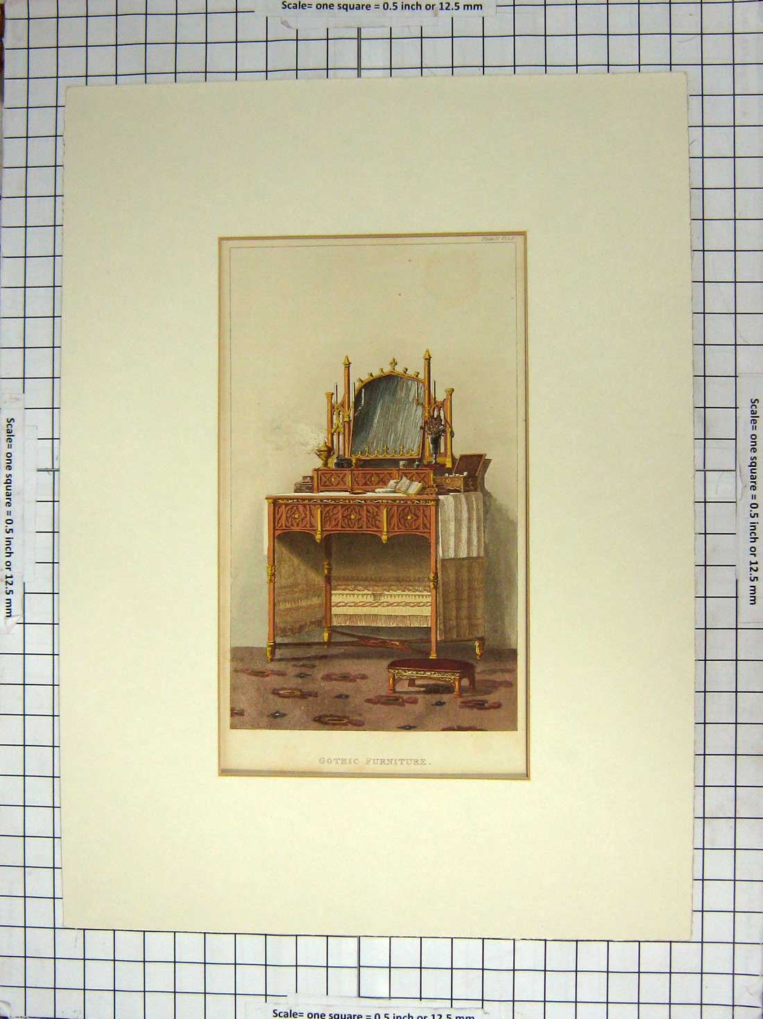 Original Old Antique Print 1827 Colour Gothic Furniture Table Mirror 19th