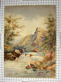 Original Old Antique Print C1900 Colour Rocks River Trees Boeme Painting 20th