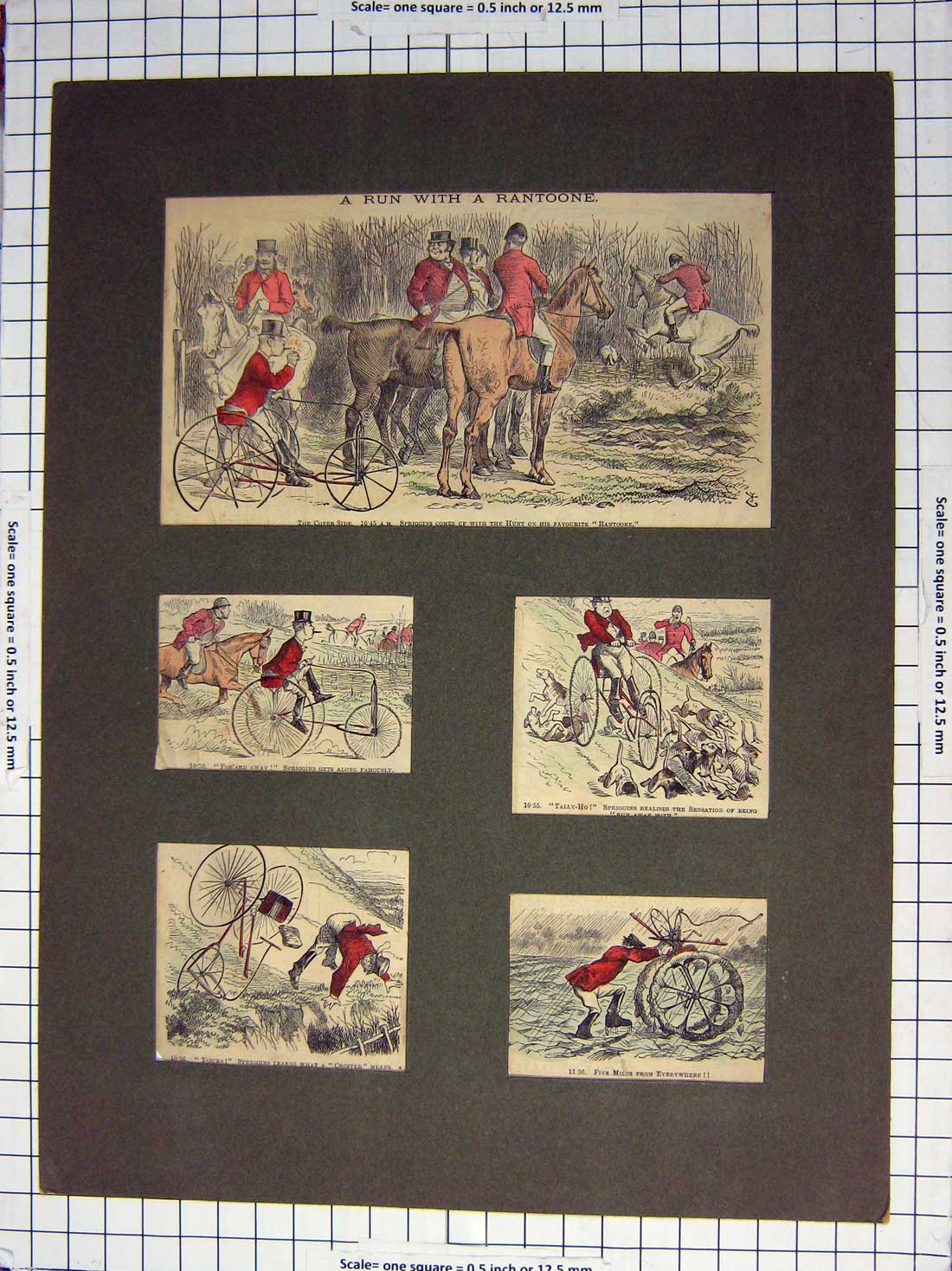 Original Old Antique Print Colour Rantoone Hunting Sports Horses Hounds