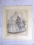 Original Old Antique Print Colour Ladies Fashion Dresses Bride Boy