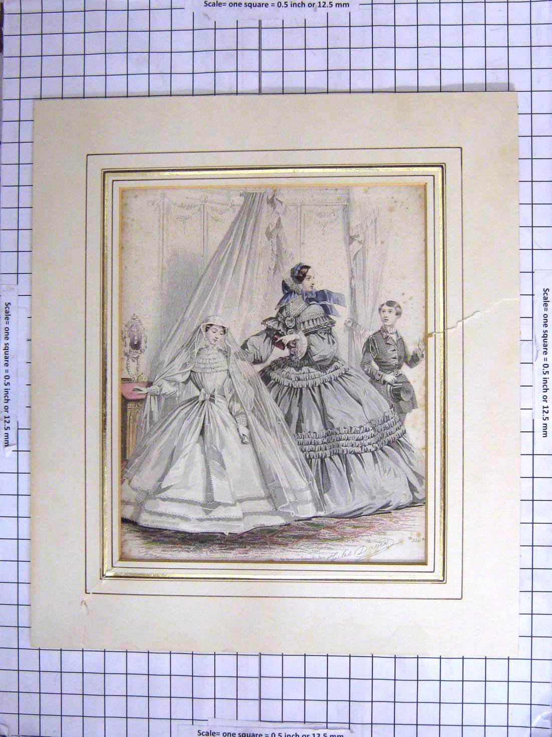 Original Old Antique Print Colour Ladies Fashion Dresses Bride Boy