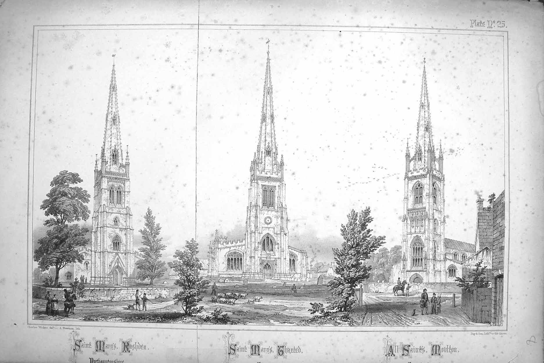 Original Old Antique Print 1853 Saint Mary'S Church Essex Moulton Damaged 19th