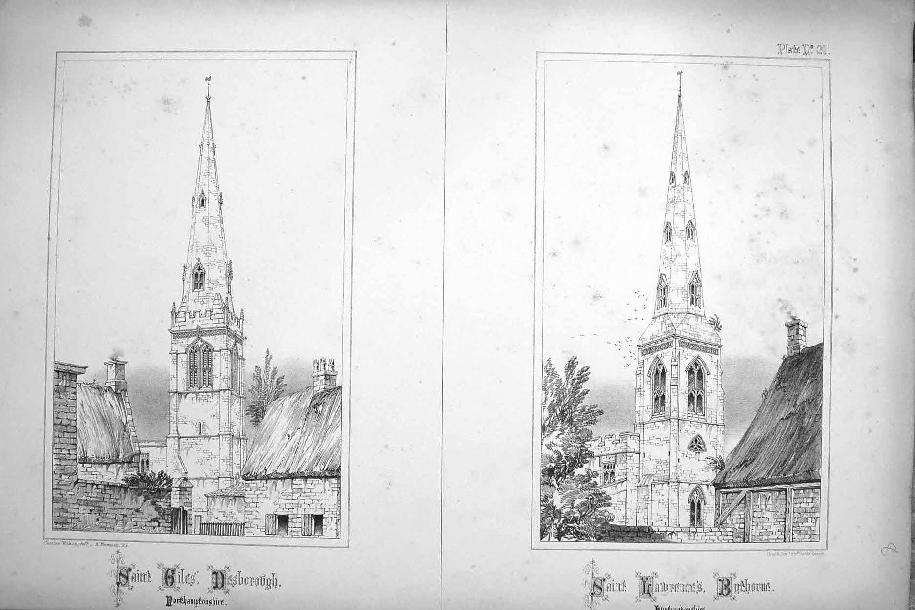 Original Old Antique Print 1853 Church Huntingdonshire Saint Giles England 19th