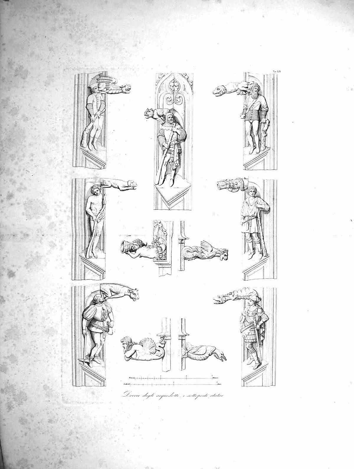 Original Old Antique Print 1853 Scuplture Doccie Degli Sottoposte Statue 19th