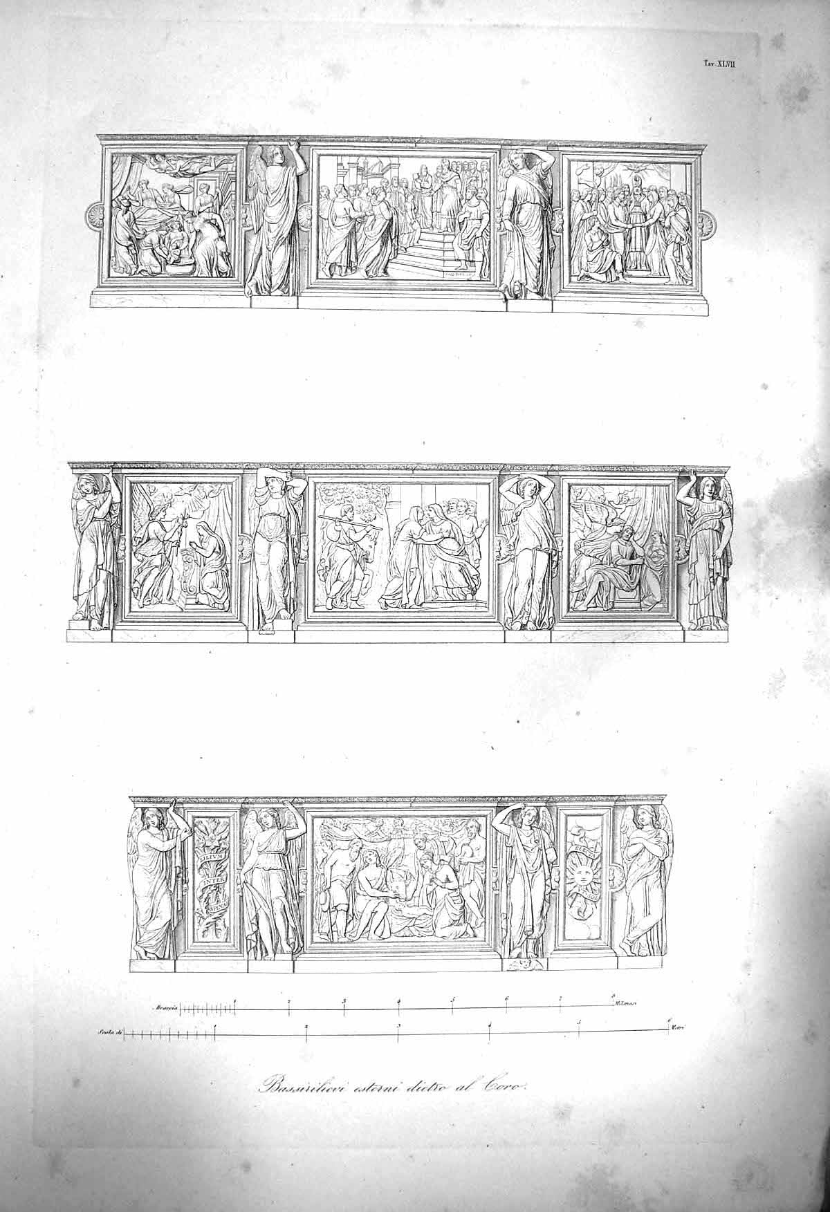 Old Print Ref.970 1853 Architecture Sculpture Bassirilievi Esterni Dietro