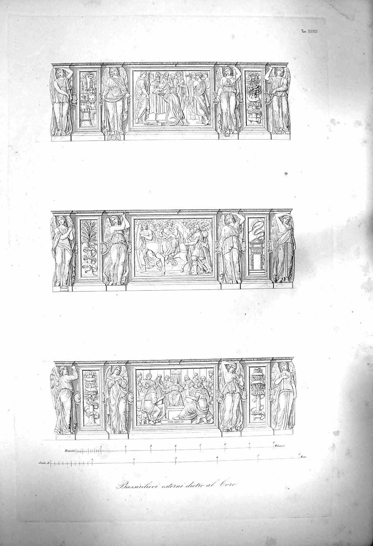 Old Antique Print 1853 Architecture Sculpture Bassirilievi Esterni Dietro 19th