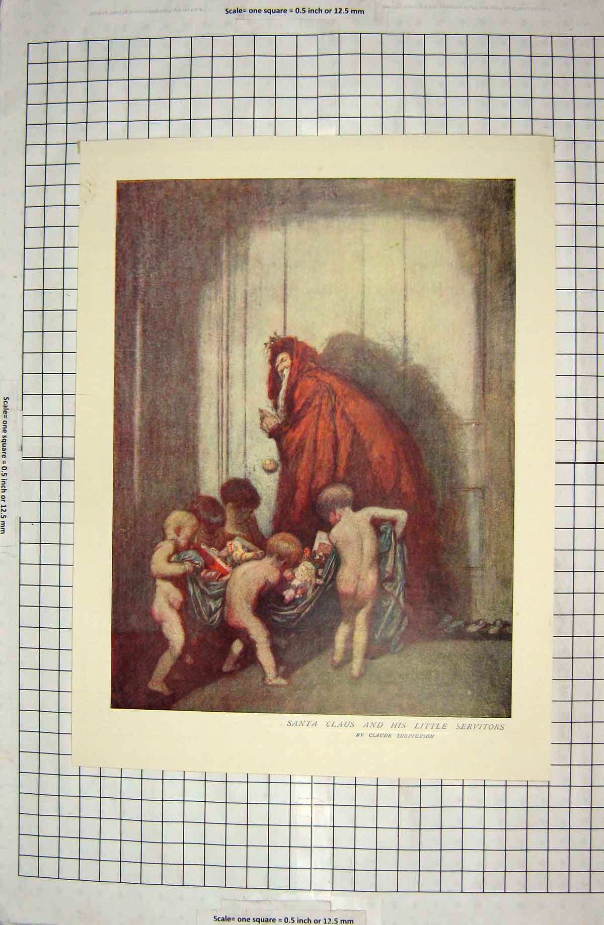 Original Old Antique Print Colour Santa Claus Little Servitors Children Toys