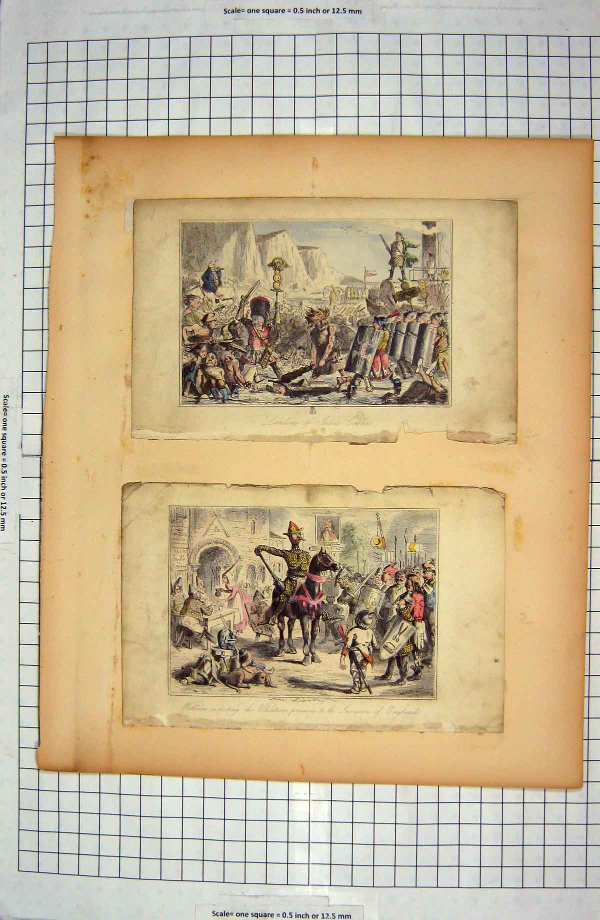 Original Old Antique Print Colour Landing Julius Caesar William England