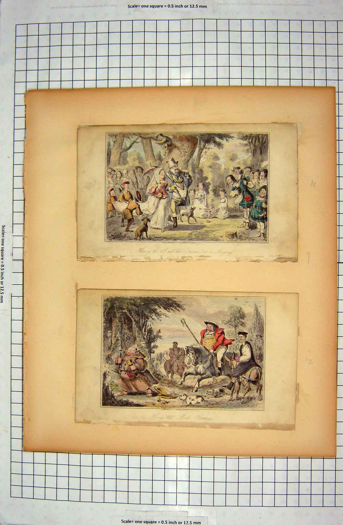 Original Old Antique Print King Henry Queen Maying Monk Hunting Horses Sport