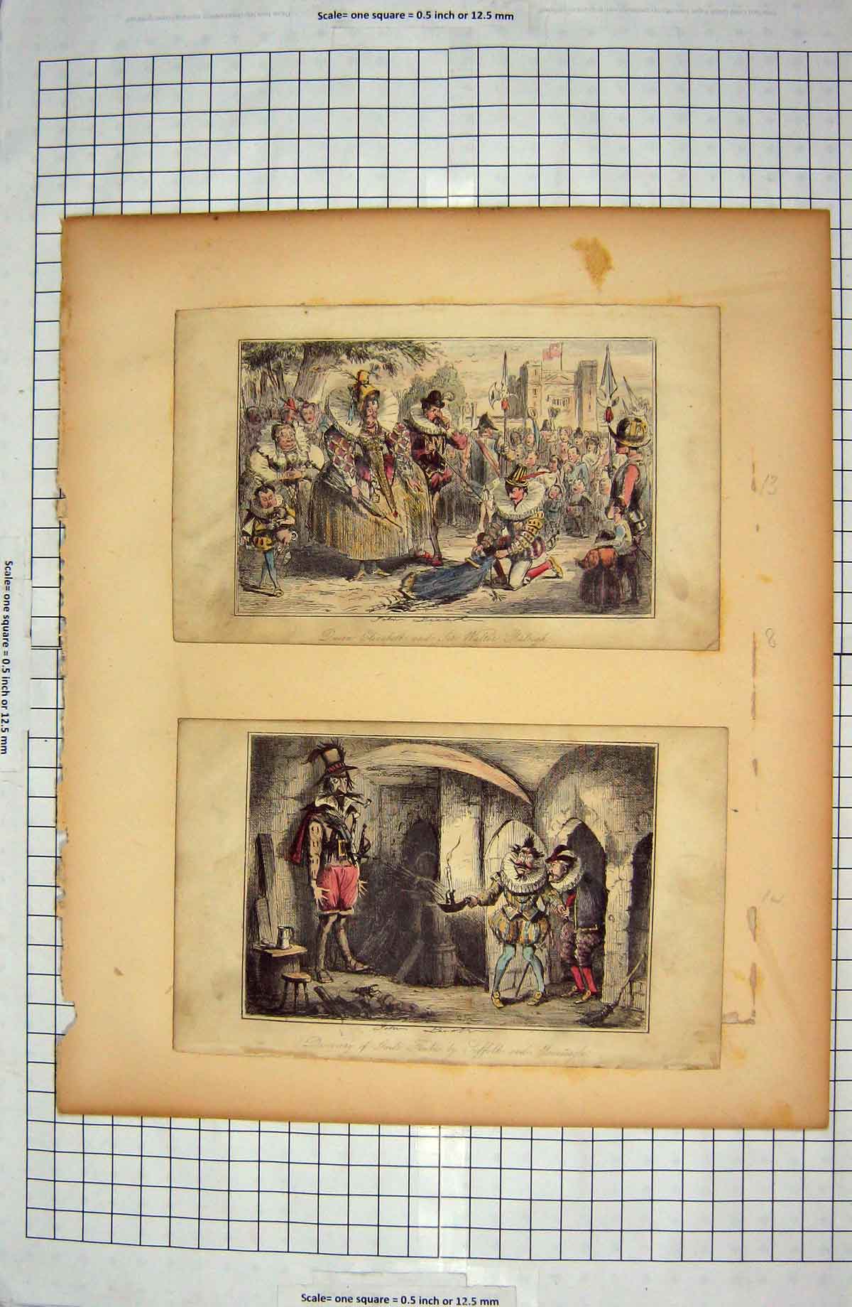 Original Old Antique Print Queen Elizabeth Walter Raleigh Guide Fawkes Comedy