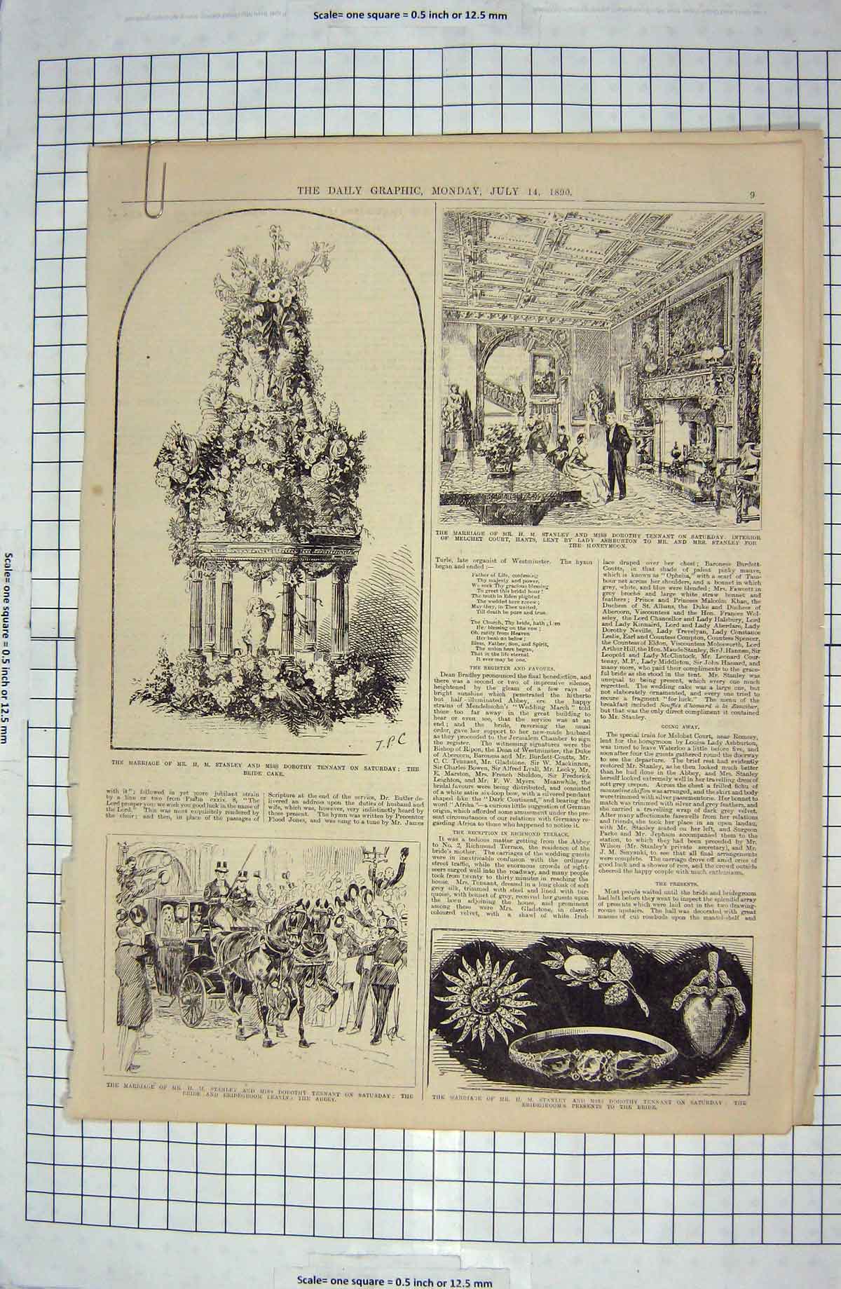 Original Old Antique Print 1890 Marriage Stanley Tennant Ashburton Westminster