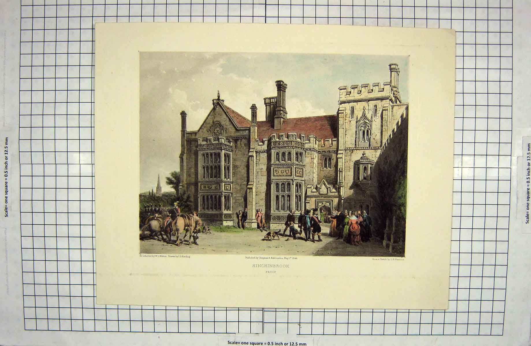 Original Old Antique Print 1844 Hinchinbrook House Architecture Harrison Walton