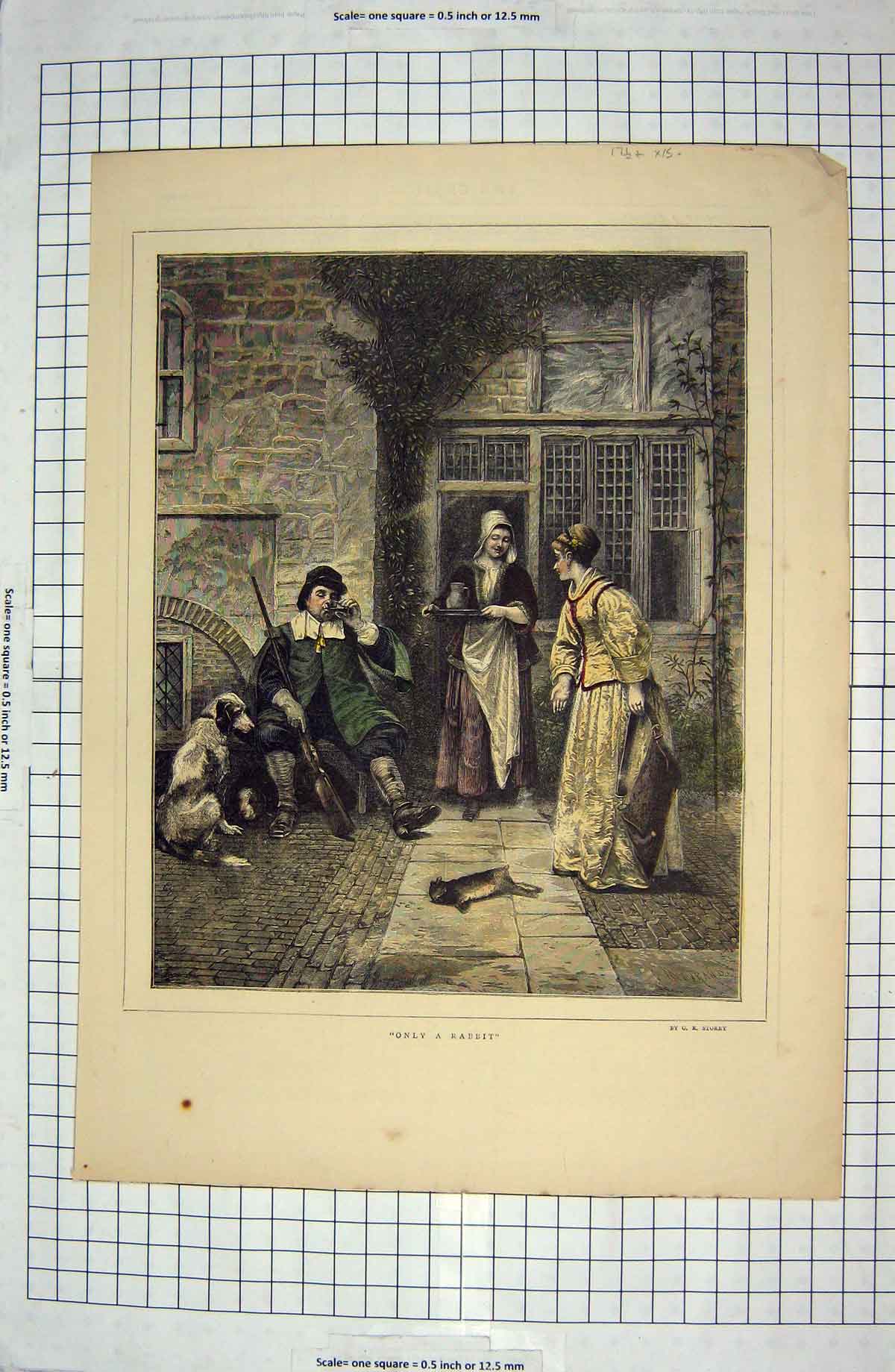 Original Old Antique Print Only A Rabbit Public House Dead Animal Man Drinking