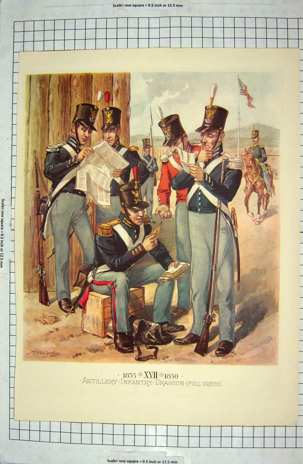 Original Old Antique Print Artillery Infantry Dragoon Full Dress War Siers