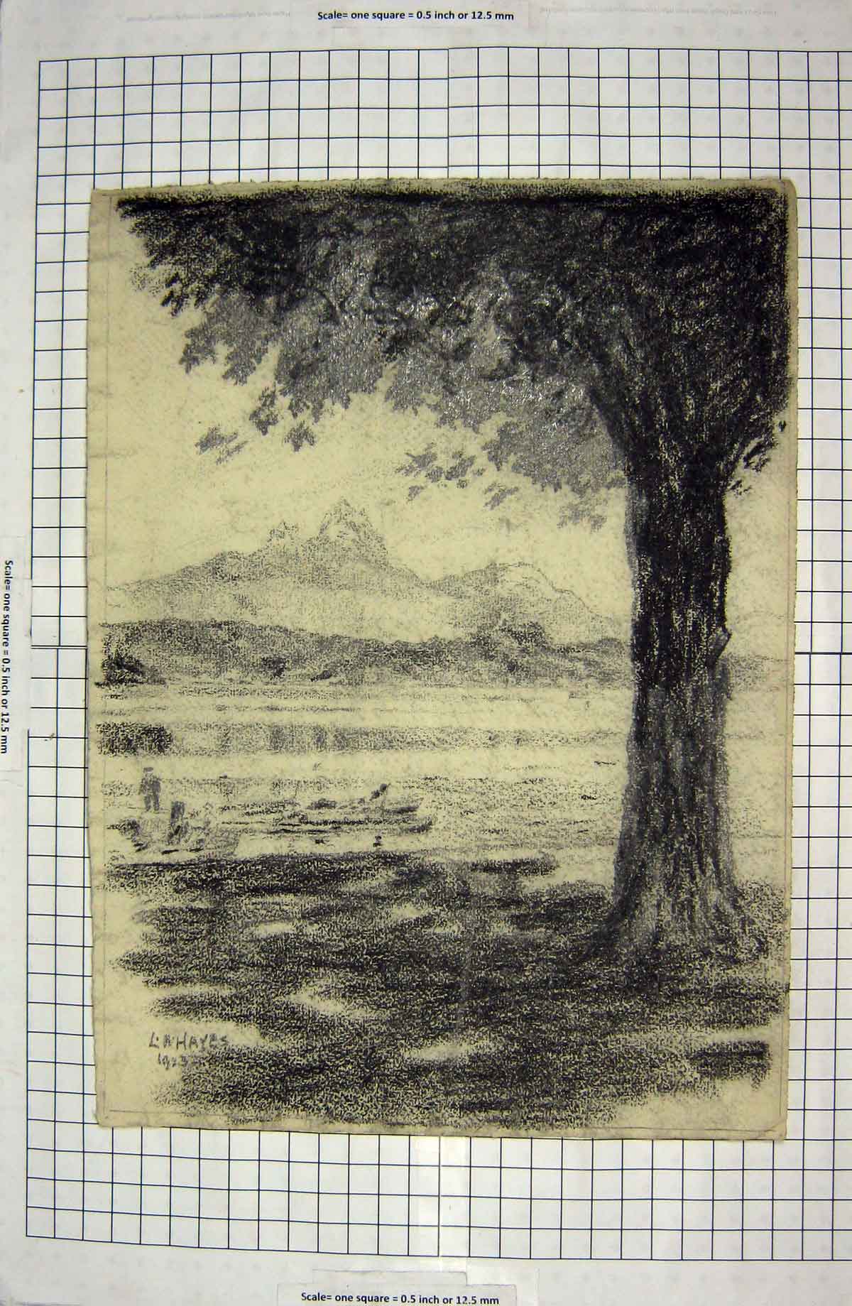 Original Old Antique Print Hayes Drawing Mountains Trees Boat