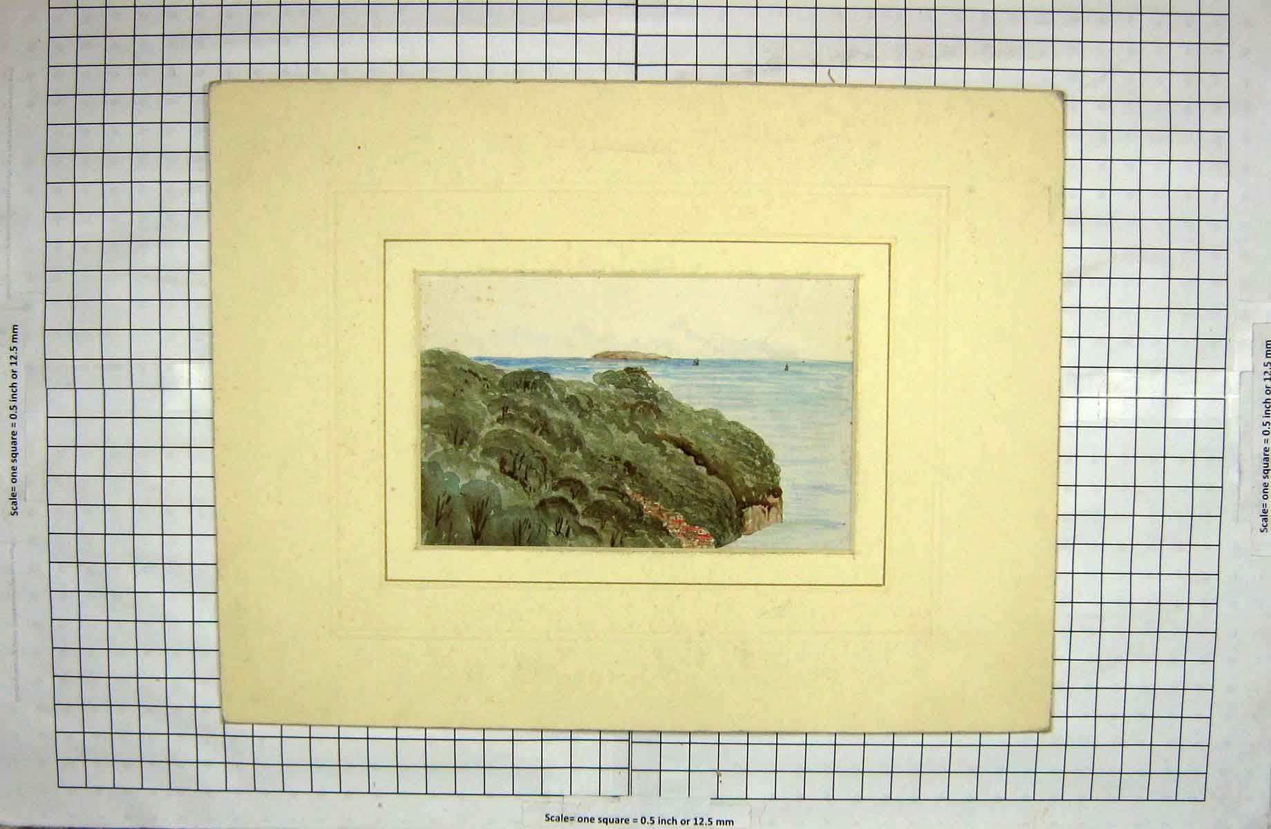 Original Old Antique Print Art Painting Sea Cliffs Boats Colour