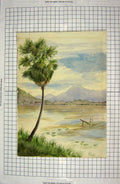 Original Old Antique Print Colour Beach Sea Trees Mountains Art Painting
