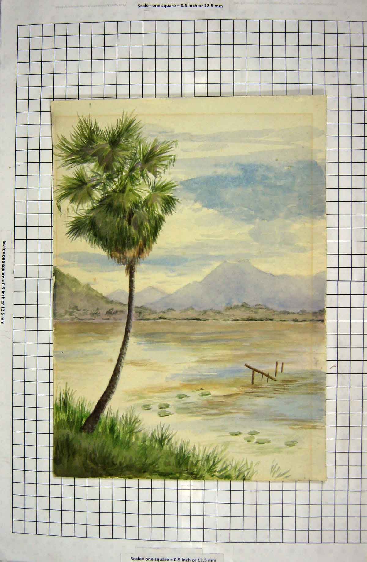 Original Old Antique Print Colour Beach Sea Trees Mountains Art Painting