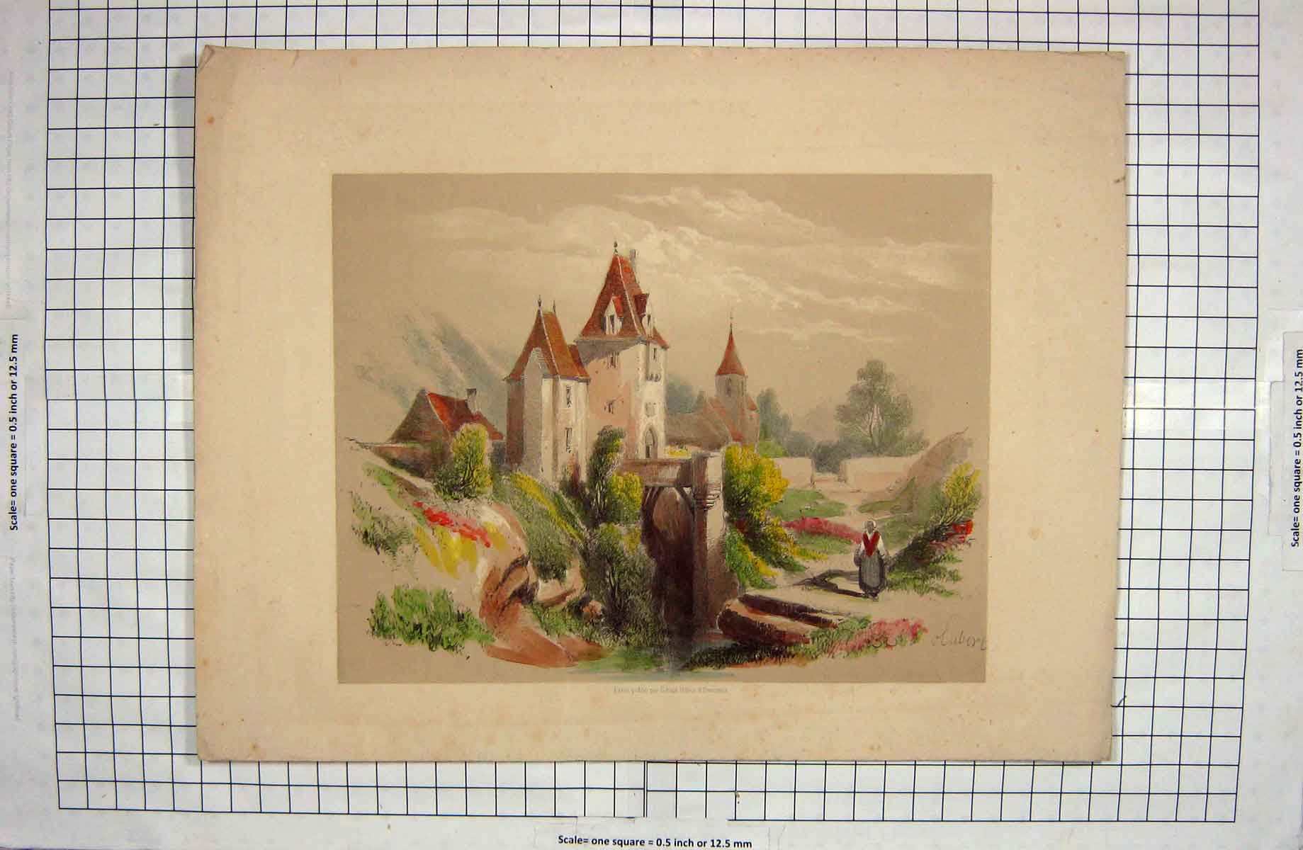Original Old Antique Print Colour House Tower Architecture Hubert