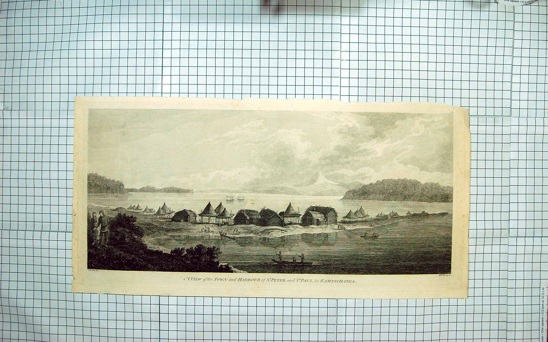 Original Old Antique Print View Town Harbour St. Peter Paul Kamtschatke Pouncy