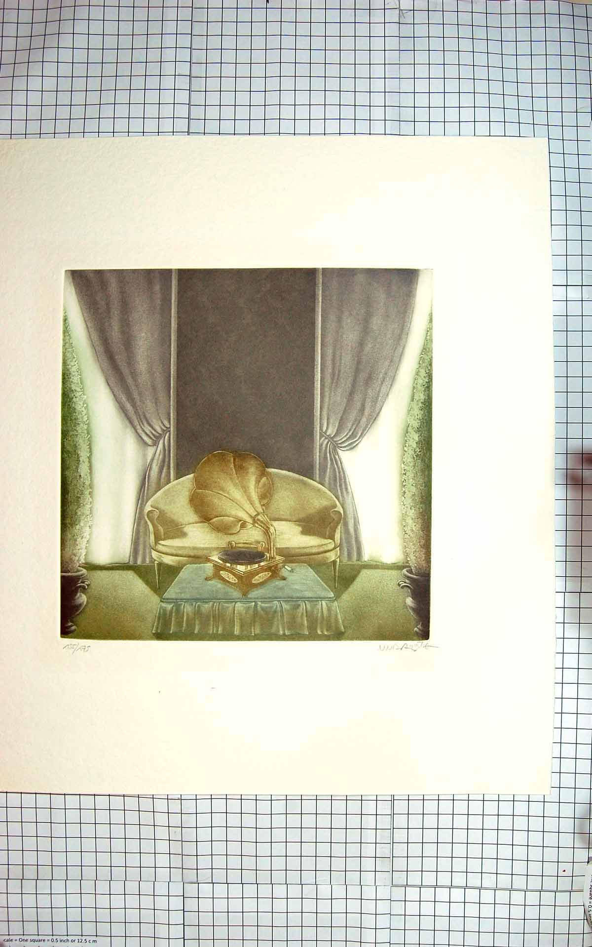 Original Old Antique Print Colour Limited Edition Gramaphone Music Curtains