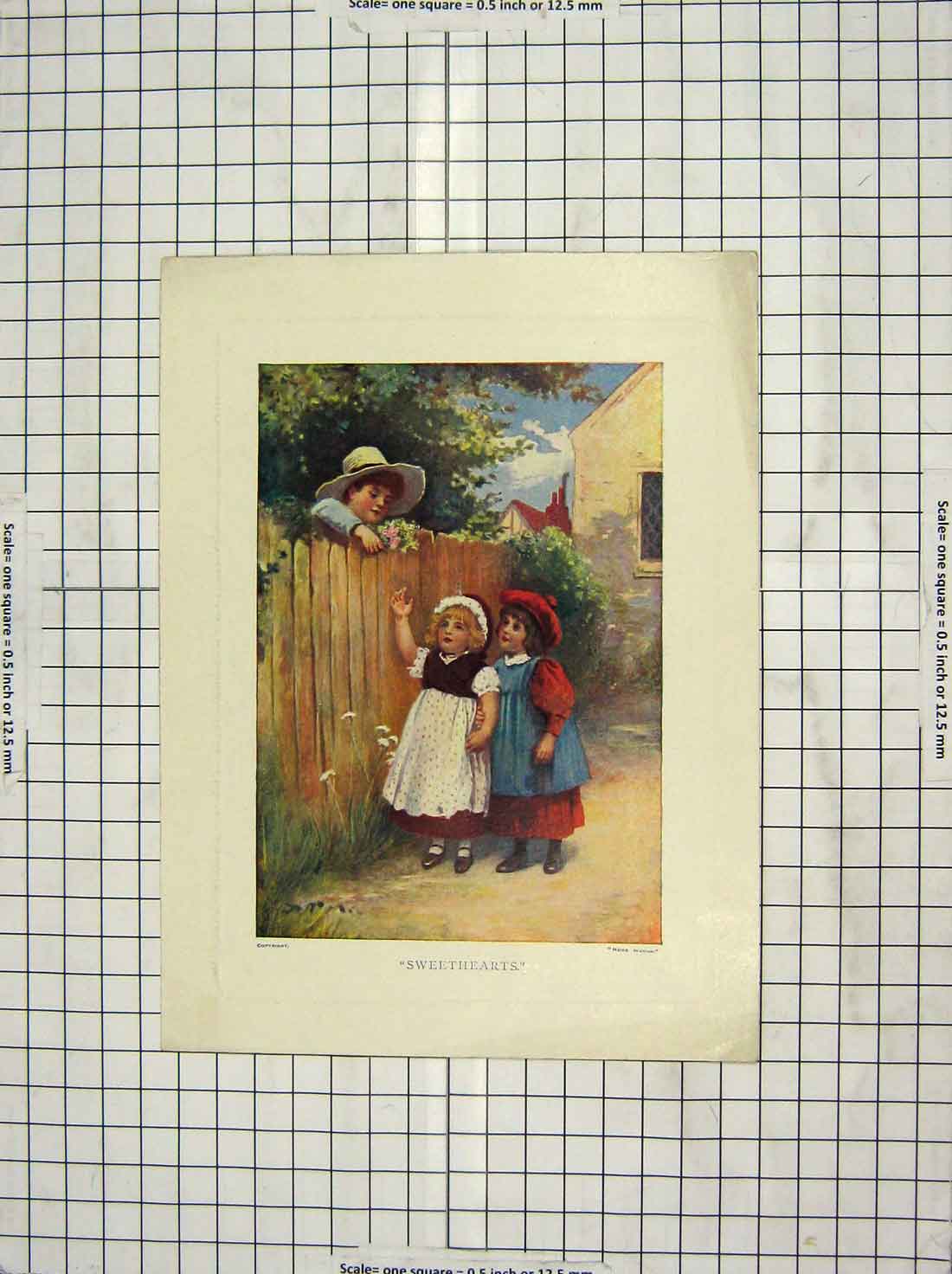 Original Old Antique Print Colour Children Little Girls Flowers Boy