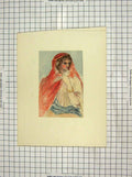 Original Old Antique Print Colour Painting Beautiful Lady Woman Scarf